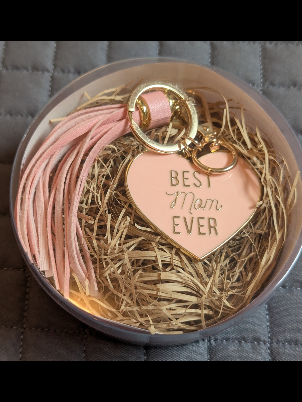 "Best Mom Ever" Heart Keychain with Pink Tassel